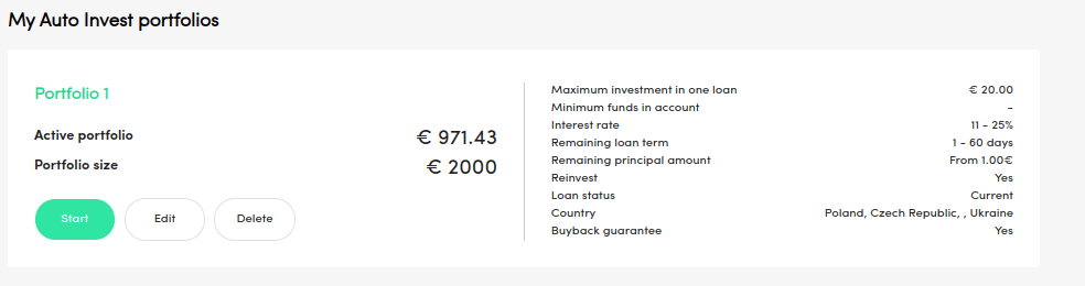 Auto invest settings Peerberry